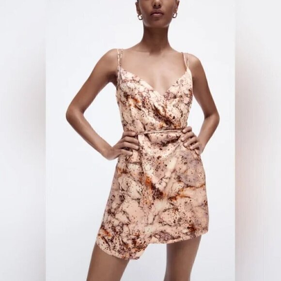 Zara Mini Dress S Satin Effect Wrap Slip Marble Print V-Neck Blogger Fav Neutral - Picture 4 of 9